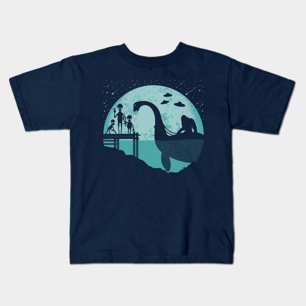 Bigfoot Riding Loch Ness Monster Kids T-Shirt by Tesszero